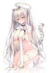  1girl animal_ears bottomless breast_curtains breasts cleavage frown gloves halo hands_up highres interlocked_fingers kneeling large_breasts leg_ribbon long_hair looking_at_viewer navel original own_hands_together reflection revealing_clothes ribbon shoes silver_hair simple_background solo stomach tail tail_raised thighlet thighs tiger_ears tiger_girl tiger_tail very_long_hair white_background white_footwear white_gloves yatanukikey yellow_eyes 