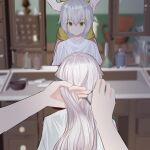  2girls altina_orion cutting_hair eiyuu_densetsu green_eyes hair_salon hand_in_another&#039;s_hair highres idqd long_hair mirror multiple_girls pov reflection scissors sen_no_kiseki silver_hair solo_focus upper_body 