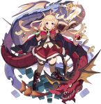  1girl arm_up artist_request bangle bangs belt black_eyes black_footwear blonde_hair blunt_bangs blush book boots bow bowtie bracelet brooch brown_legwear brown_vest cagliostro_(granblue_fantasy) cape clenched_hand colored_sclera cube dragon electricity flat_chest frilled_skirt frills full_body gem granblue_fantasy grin hand_up happy highres holding holding_book impaled jewelry knee_boots long_hair looking_at_viewer miniskirt nail non-web_source official_art open_book open_mouth ouroboros_(granblue_fantasy) outstretched_arm purple_eyes raised_eyebrow red_cape red_neckwear red_skirt sharp_teeth shiny shiny_hair shirt sidelocks skirt sleeveless sleeveless_shirt smile solo_focus standing star_(symbol) straight-on teeth thighhighs tiara transparent_background two-sided_cape two-sided_fabric vambraces vest white_shirt world_flipper yellow_headwear yellow_sclera zettai_ryouiki 