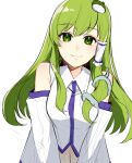  1girl bangs bare_shoulders breasts closed_mouth collar detached_sleeves eyebrows_visible_through_hair frog_hair_ornament green_eyes green_hair hair_ornament hair_tubes highres jill_07km kochiya_sanae long_hair long_sleeves looking_at_viewer medium_breasts shirt simple_background smile solo touhou white_background white_collar white_shirt white_sleeves 