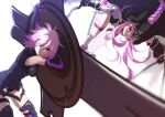  2girls animal_ears armor bangs black_gloves braid braided_ponytail breasts cat_ears chain elbow_gloves eyebrows_visible_through_hair fate/grand_order fate_(series) gloves hair_between_eyes highres holding holding_chain holding_shield holding_sword holding_weapon hood hoodie incoming_attack jumping long_hair mash_kyrielight medusa_(fate) medusa_(lancer)_(fate) multiple_girls purple_eyes purple_hair sarujie_(broken_monky) shield short_hair simple_background sword thighhighs very_long_hair weapon white_background white_legwear 