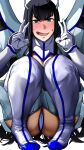  1girl bakkanki black_hair blue_eyes blush boots double_v gloves highres kamui_(kill_la_kill) kill_la_kill kiryuuin_satsuki long_hair nose_blush revealing_clothes solo sweat thick_eyebrows thigh_boots thighhighs v white_footwear white_gloves 