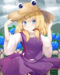  1girl blonde_hair blue_eyes blue_flower blush breasts contrapposto cowboy_shot dress error flower flower_request glint hat long_hair looking_at_viewer moriya_suwako mountainous_horizon outdoors overcast purple_dress rururiaru small_breasts smile solo sunlight touhou wrong_hand 