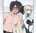  1boy 1girl abs after_sex annoyed bite_mark biting black_hair blue_eyes blush braid breasts cleavage crossed_arms eyebrows_visible_through_hair fate/grand_order fate_(series) french_braid fujimaru_ritsuka_(male) full-face_blush hickey kiss large_breasts light_blue_eyes morgan_le_fay_(fate) muscular muscular_male neck_kiss pectorals platinum_blonde_hair ponytail sanmotogoroo shirtless solo two-tone_dress 