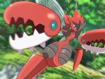  blue_eyes blurry blurry_background commentary_request day gen_2_pokemon grass highres kosaburou legs_apart looking_at_viewer mega_pokemon mega_scizor no_humans outdoors pincers pokemon pokemon_(creature) scizor shiny solo tree 