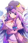  1girl :/ absurdly_long_hair arm_under_breasts blurry blush breasts capelet cleavage cowboy_shot crescent crescent_hat_ornament depth_of_field dress eyewear_removed floating_hair from_above hat hat_ornament kiramarukou large_breasts long_hair mob_cap patchouli_knowledge purple_dress purple_eyes purple_hair simple_background solo touhou very_long_hair white_background 
