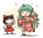  2girls :3 :d ^_^ alternate_costume ascot bangs black_footwear black_hair bow closed_eyes curly_hair detached_sleeves full_body green_hair hair_bow hair_tubes hakurei_reimu hand_on_hip horns japanese_clothes kimono komainu komano_aunn long_hair long_sleeves multiple_girls no_mouth nontraditional_miko open_mouth red_bow red_kimono red_shirt red_skirt rokugou_daisuke sandals sash shirt short_hair signature single_horn skirt smile standing standing_on_one_leg touhou white_legwear wide_sleeves yellow_neckwear yellow_sash 