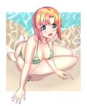  1girl arm_support ass bad_anatomy bikini blue_eyes blush breasts breasts_apart d: from_above highres higurashi_no_naku_koro_ni medium_breasts open_mouth orange_hair outside_border revvie ryuuguu_rena sitting solo striped striped_bikini swimsuit v-shaped_eyebrows wariza water white_background 