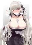  1girl absurdres azur_lane bare_shoulders between_breasts black_dress blush breasts cleavage clothing_cutout departure18 detached_collar dress eyebrows_visible_through_hair formidable_(azur_lane) frilled_dress frills gothic_lolita grey_background grey_hair hair_ribbon heart highres huge_breasts lolita_fashion long_hair neckwear_between_breasts red_eyes ribbon shoulder_cutout simple_background solo twintails two-tone_dress two-tone_ribbon very_long_hair 