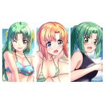  3girls ;d bikini blue_eyes blush border breasts collarbone d: green_eyes green_hair highres higurashi_no_naku_koro_ni letterboxed long_hair medium_breasts multiple_girls one_eye_closed open_mouth orange_hair outside_border ponytail revvie ribbon ryuuguu_rena sand short_hair smile sonozaki_mion sonozaki_shion star_(symbol) star_print swimsuit upper_body v-shaped_eyebrows wavy_mouth white_border yellow_ribbon 