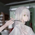  2girls altina_orion cutting_hair eiyuu_densetsu green_eyes hair_salon highres idqd long_hair multiple_girls pov scissors sen_no_kiseki silver_hair solo_focus upper_body 