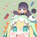  2girls air_hockey_mallet amano_pikamee ball bangs blonde_hair blue_eyes blush blush_stickers bowling_ball carrying chess_piece commentary dinosaur_hood eyebrows_visible_through_hair green_eyes green_hair hat hololive joy-con kukie-nyan long_hair multicolored_hair multiple_girls ninomae_ina&#039;nis open_mouth piggyback pointing pointy_ears purple_hair sharp_teeth simple_background smile striped striped_background teeth tentacle_hair twitter_username two-tone_hair virtual_youtuber voms 