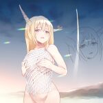  1girl blonde_hair breasts commentary_request completely_nude cookie_(touhou) covering covering_breasts eyebrows_visible_through_hair fairyfloss hair_between_eyes horns ibuki_suika large_breasts light_rays long_hair looking_at_viewer mesh navel nude open_mouth out-of-frame_censoring purple_eyes shiny shiny_skin solo touhou upper_body yamin_(cookie) zoom_layer 