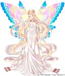  1girl aurora_(fate) bangs bare_shoulders blonde_hair blush breasts butterfly_wings circlet cleavage dress fairy fairy_wings fate/grand_order fate_(series) full_body jewelry large_breasts long_hair looking_at_viewer necklace official_art parted_bangs pointy_ears smile solo taa_(acid) very_long_hair white_dress wings yellow_eyes 