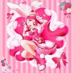  1girl ;q animal_ears boots brooch bunny cake cake_hair_ornament cure_whip double_v dress earrings extra_ears food food-themed_hair_ornament food-themed_ornament forehead fruit full_body hair_ornament highres jewelry kirakira_precure_a_la_mode long_hair magical_girl one_eye_closed pink_background pink_dress pink_eyes pink_footwear pink_hair pink_ribbon pom_pom_(clothes) pom_pom_earrings precure ribbon short_sleeves skirt solo strawberry strawberry_shortcake strawberrylove2525 striped striped_background tongue tongue_out twintails usami_ichika v very_long_hair whip whipped_cream 