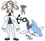  1girl anchor bare_arms black_dress black_footwear chain closed_mouth commentary dress english_commentary eyelashes grey_hair hair_ribbon hair_rings hands_together hands_up ikari_(pokemon) interlocked_fingers jasmine_(pokemon) knees long_hair pantyhose pokemon pokemon_(creature) pokemon_(game) pokemon_gsc_(prototype) ribbon shoes shof short_dress sidelocks sleeveless sleeveless_dress smile sprite standing transparent_background white_legwear white_ribbon 