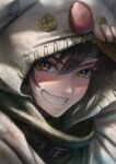  1girl blush brown_eyes brown_hair final_fantasy final_fantasy_vii final_fantasy_vii_remake fingerless_gloves gloves headband highres hood hoodie imizu_(nitro_unknown) looking_at_viewer open_clothes open_hoodie shiny smile solo teeth yuffie_kisaragi 