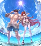  1boy 1girl abs absurdres adjusting_eyewear bare_shoulders bikini bird godguard_brodia granblue_fantasy grin hand_on_hip highres huge_filesize male_swimwear microskirt muscular muscular_male navel ocean palm_tree partially_submerged red-framed_eyewear red_hair sandals sassakntm seagull skirt smile sparkle sunglasses sunlight swim_trunks swimsuit tree uriel_(granblue_fantasy) 