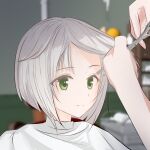  2girls alternate_hair_length alternate_hairstyle altina_orion bob_cut cutting_hair eiyuu_densetsu green_eyes hair_salon highres idqd multiple_girls pov scissors sen_no_kiseki short_hair silver_hair solo_focus upper_body 