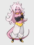  1girl android_21 bare_shoulders blue_eyes bracelet breasts choker cleavage closed_mouth dragon_ball dragon_ball_fighterz earrings full_body grey_background hair_between_eyes jewelry kemachiku long_hair looking_at_viewer majin_android_21 medium_breasts midriff navel simple_background smile solo standing tail white_hair yellow_choker 