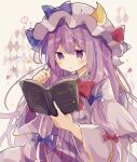  ! 1girl argyle bangs blue_bow book bow bowtie cowboy_shot crescent crescent_pin dress eyebrows_visible_through_hair hair_bow hat hat_ribbon hexagram holding holding_book long_hair long_sleeves mina_(sio0616) mob_cap multiple_bows open_book open_mouth patchouli_knowledge purple_dress purple_eyes purple_hair purple_headwear red_bow red_neckwear ribbon sidelocks solo spoken_exclamation_mark striped striped_dress touhou wide_sleeves 