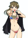  1girl american_flag_bikini bikini blush breasts brown_eyes brown_hair cape collarbone eyebrows_visible_through_hair flag_print girls_und_panzer large_breasts long_hair looking_at_viewer navel oosaka_kanagawa open_mouth pointing pointing_at_viewer shiny shiny_hair side-tie_bikini simple_background smile solo swimsuit takashima_remi whistle white_background 