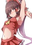  absurdres armpits blush bow breasts brown_hair commentary_request eyebrows_visible_through_hair eyes_visible_through_hair gokuu_(acoloredpencil) hair_ornament hakurei_reimu highres long_hair looking_at_viewer looking_down midriff purple_eyes red_bow red_shirt red_skirt shirt skirt sleeveless sleeveless_shirt small_breasts tagme touhou white_background 