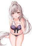  1girl absurdres azur_lane bikini breasts cleavage commentary_request dunkerque_(azur_lane) dunkerque_(summer_sucre)_(azur_lane) eyebrows_visible_through_hair front-tie_bikini front-tie_top grey_hair haedalmyo halter_top halterneck highres large_breasts long_hair looking_at_viewer official_alternate_costume open_mouth ponytail purple_bikini red_eyes swimsuit thigh_gap very_long_hair 