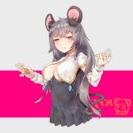  1girl alternate_hairstyle animal_ear_fluff animal_ears bangs blush breasts capelet commentary_request cookie_(touhou) cropped_torso dress english_commentary eyebrows_visible_through_hair fairyfloss grey_dress grey_hair holding holding_pencil kfc kofji_(cookie) long_hair medium_breasts mixed-language_commentary mouse_ears mouse_girl mouse_tail nazrin older pen_spinning pencil pink_background red_eyes shiny shiny_hair solo tail touhou two-tone_background upper_body white_background white_capelet 