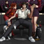  2boys 3girls ? alcohol artist_name ayanami_rei bangs beer beer_can belt bird black_belt blue_hair bodysuit breasts brown_hair can chair closed_mouth collarbone collared_shirt crossed_arms dress duplicate grey_pants head_out_of_frame heart highres ikari_gendou ikari_shinji instagram_username jacket katsuragi_misato kneeling large_breasts lips long_hair looking_at_another looking_at_viewer looking_up lower_body magenta_sunrise manly multiple_boys multiple_girls muscular neon_genesis_evangelion nose on_chair open_mouth orange_hair pants parted_lips penguin penpen plugsuit ponytail profile purple_dress red_bodysuit red_jacket shadow shirt shirt_tucked_in short_hair sitting souryuu_asuka_langley spread_legs standing throne upper_body watermark white_bodysuit white_legwear white_shirt 