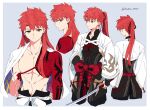  1boy alternate_hair_length alternate_hairstyle bangs cape character_sheet cowboy_shot fate/grand_order fate_(series) from_behind hair_ornament highres holding holding_sword holding_weapon igote kamo_0707 looking_at_viewer male_focus multiple_views nagatekkou orange_eyes ponytail profile red_hair rope sengo_muramasa_(fate) shimenawa simple_background solo sword twitter_username upper_body weapon wide_sleeves 