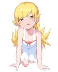  1girl :p all_fours bakemonogatari blonde_hair blush_stickers breasts bubukka cleavage closed_mouth collarbone dress long_hair looking_at_viewer monogatari_(series) naughty_face oshino_shinobu pointy_ears simple_background small_breasts solo tongue tongue_out white_background white_dress yellow_eyes 