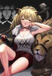  1girl alpaca_(alpaca00011) animal animal_ears arknights artist_name bare_legs black_choker black_jacket breasts brown_eyes brown_hair choker cleavage collarbone feet_out_of_frame fur_trim half-closed_eyes hammer head_rest highres holding holding_hammer jacket jacket_on_shoulders kingdom_of_victora_logo large_breasts lion lion_ears open_mouth over_shoulder red_shorts shirt short_shorts shorts siege_(arknights) signature simple_background sitting sledgehammer solo thighs weapon weapon_over_shoulder white_background white_shirt 