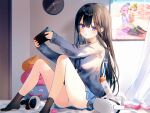  bed brown_hair condom game_console long_hair nekoremon original panties purple_eyes school_uniform skirt socks underwear 