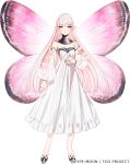  1girl bangs bare_shoulders blonde_hair breasts butterfly_wings coral_(fate) detached_sleeves dress fairy fairy_wings fate/grand_order fate_(series) full_body jewelry long_hair looking_at_viewer medium_breasts neck_ring official_art pink_eyes pointy_ears puffy_sleeves solo taa_(acid) white_dress wings 