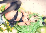  1girl bangs black_bow black_legwear black_skirt blush bow breasts closed_mouth dandelion flower green_eyes green_hair hair_bow hair_ornament hairclip kantai_collection long_hair looking_at_viewer lying marker_(medium) medium_breasts nipples on_back pleated_skirt ponytail saya_pr skirt solo thighhighs traditional_media yamakaze_(kancolle) yellow_flower 