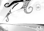  1girl 1other angry_num book clear_sky cloud doujinshi dress english_text eyes giant greyscale highres hololive holomyth lying monochrome ninomae_ina&#039;nis octopus on_back outdoors reflection single_eye sky tearing_up tentacles 
