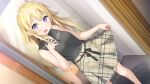  1girl :d bangs black_shirt blonde_hair breasts collared_shirt dress_shirt dutch_angle eyebrows_visible_through_hair game_cg hair_between_eyes highres kamisama_no_you_na_kimi_e kantoku lana_liddell-hart long_hair miniskirt official_art open_mouth plaid plaid_skirt purple_eyes shiny shiny_hair shirt skirt skirt_hold sleeveless sleeveless_shirt small_breasts smile solo standing straight_hair wing_collar 