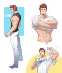  1boy 47 abs alternate_costume ass bara biceps black_shirt blue_eyes brown_hair collage cropped_torso facial_hair fate/grand_order fate_(series) flexing fou_(fate) from_side full_body goatee highres male_focus mature_male midriff_peek milk muscular muscular_male napoleon_bonaparte_(fate) navel pants pectorals pose scar scar_on_chest shirt short_hair sideburns sidepec sleeveless sleeveless_shirt sleeves_rolled_up sparkle stomach tight tight_shirt undressing wet wet_clothes wet_shirt white_pants white_shirt 