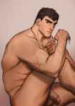  1boy arm_hair bara black_hair completely_nude dark-skinned_male dark_skin davion_(dota:dragon&#039;s_blood) dota:dragon&#039;s_blood facial_hair flaccid foreskin forked_eyebrows from_side goatee highres leg_hair looking_at_viewer male_focus mature_male muscular muscular_male nude penis realistic scar_on_arm seupil_hyugo_(spirohugo) short_hair sitting solo stubble thighs tooth_necklace veins veiny_penis 