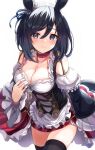  1girl absurdres animal_ears bangs black_hair black_legwear blue_eyes blue_ribbon blush bodice breasts choker cleavage closed_mouth collarbone commentary cowboy_shot detached_sleeves ear_ribbon eishin_flash_(umamusume) eyebrows_visible_through_hair frilled_skirt frills hair_between_eyes hand_on_own_chest highres horse_ears horse_girl horse_tail j_young large_breasts long_sleeves looking_at_viewer medium_hair red_choker red_skirt ribbon shirt simple_background skirt smile solo standing striped tail thighhighs umamusume vertical-striped_skirt vertical_stripes white_background white_shirt 