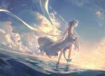  1girl absurdres bare_arms bare_legs cloud cloudy_sky day dino_(dinoartforame) dress fish_tail frilled_dress frills gawr_gura highres hololive hololive_english looking_at_viewer looking_back loose_clothes ocean on_water scenery shark_tail skirt_hold sky solo standing star_(sky) starry_sky sunrise tail virtual_youtuber wading water 