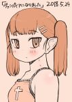  1girl absurdres bite_mark blush bright_pupils camisole closed_mouth dated hair_ornament hairclip highres latin_cross leonardo_16sei looking_at_viewer looking_to_the_side monochrome orange_theme original pointy_ears solo twintails upper_body white_pupils 