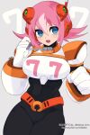  1girl android belt black_bodysuit blue_eyes bodysuit hair_between_eyes headset highres mega_man_(series) mega_man_x_(series) mikhail_kitto multicolored_hair nana_(mega_man_x:_command_mission) pink_hair robot short_hair simple_background smile two-tone_hair 