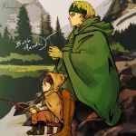  1boy 1girl blonde_hair cape child english_text fishing forest green_cape highres hild_(vinland_saga) karli lake looking_to_the_side nature outdoors red_hair viking vinland_saga 