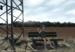  1girl artist_name bench black_hair bottle cloud dated dead-robot farm food grass green_eyes high_ponytail holding holding_food naked_overalls original outdoors overall_shorts overalls ponytail rural sandwich scenery shadow shoes skull_and_crossbones sky sneakers tree water_bottle 