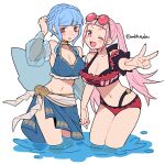  2girls alternate_costume bare_shoulders bikini blue_hair braid breasts brown_eyes cleavage do_m_kaeru eyewear_on_head fire_emblem fire_emblem:_three_houses fire_emblem_heroes french_braid hilda_valentine_goneril large_breasts looking_at_viewer looking_to_the_side marianne_von_edmund multiple_girls navel pink_eyes pink_hair ponytail side-tie_bottom sunglasses swimsuit water 