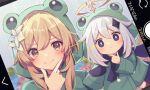  2girls animal_hood black_eyes blonde_hair blush brown_eyes commentary_request dutch_angle flower frog_hood frog_raincoat genshin_impact hair_flower hair_ornament halo hood looking_at_viewer lumine_(genshin_impact) multiple_girls paimon_(genshin_impact) phone_screen shirona_775 smile v-shaped_eyebrows viewfinder white_hair 