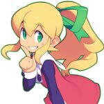  1girl bangs blonde_hair dress eyebrows_visible_through_hair finger_to_mouth green_eyes green_ribbon hair_between_eyes hair_ribbon long_hair long_sleeves looking_at_viewer mega_man_(classic) mega_man_(series) metata ponytail red_dress ribbon roll_(mega_man) smile solo teeth white_background 