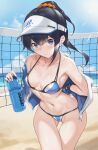  1girl bangs bare_shoulders beach bikini black_hair blue_bikini blue_eyes blue_sky blush bottle breasts cleavage collarbone gridman_universe highres jacket long_hair long_sleeves looking_at_viewer medium_breasts navel off_shoulder open_clothes open_jacket parfaitlate ponytail sky solo ssss.gridman swimsuit takarada_rikka thighs two-tone_bikini visor_cap volleyball_net water_bottle white_bikini white_headwear 